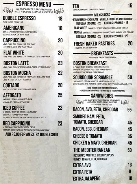 Menu at Boston Coffee Roasters restaurant, Cape Town, Cleveland St