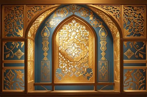 Golden Arabic Ornamental Window Traditional Islamic Patterns Premium