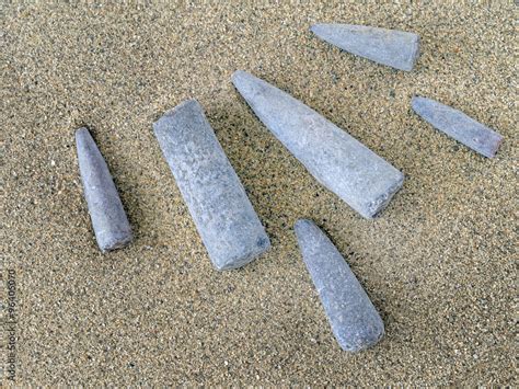 Belemnites. Fossils on sand. Found on Jurassic Coast, Dorset, England ...