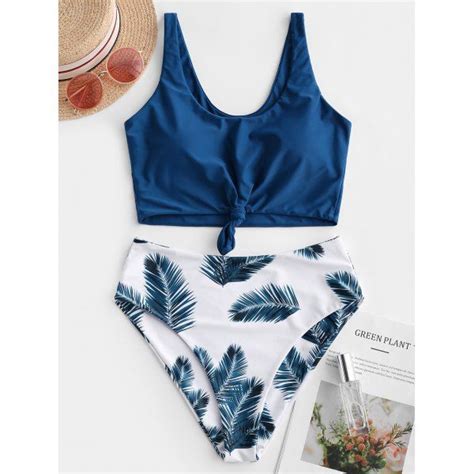 Zaful Leaf Print Knot Mix And Match Tankini Swimsuit 2xl Lapis Blue