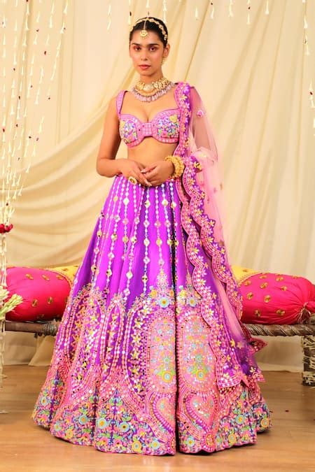 Buy Purple Dupion Silk Embroidery Mirror Sweetheart Bridal Lehenga Set