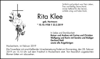 Traueranzeigen Von Rita Klee Trauerportal Ihrer Tageszeitung