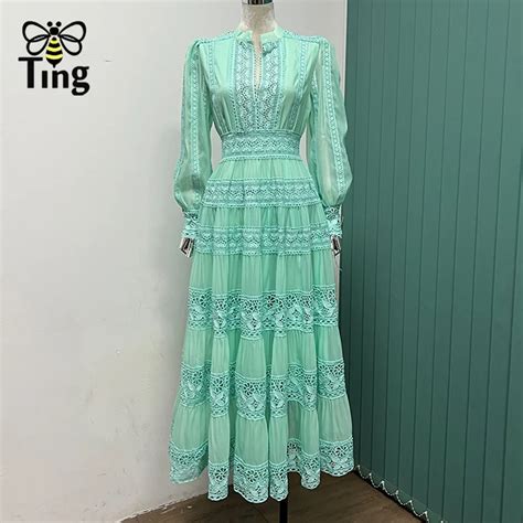 Tingfly Runway Designer High Quality Embroidery Lace Patchwork Maxi