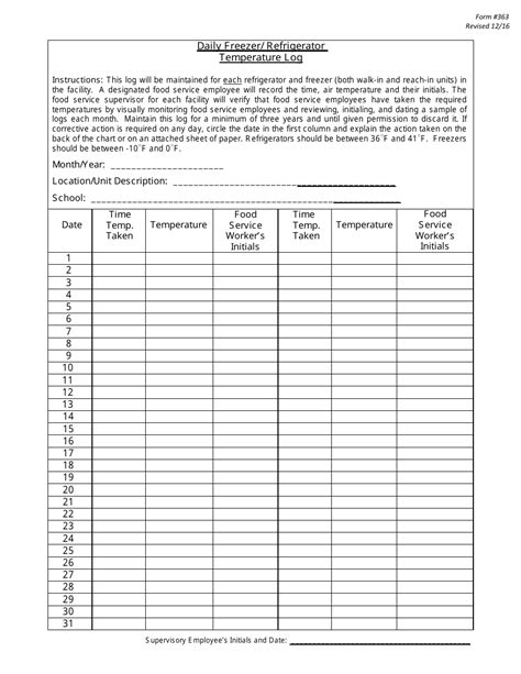 Refrigerator Temperature Log Template