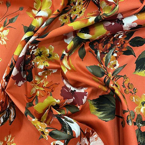 Orange Floral Printed Cotton Satin Fabric Tissus En Ligne