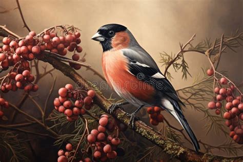 Bullfinch Sitting On A Rowan Branch Bird Berries And Nature