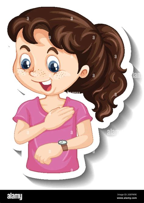 Sticker A Girl Cartoon Character Looking At Wristwatch Illustration