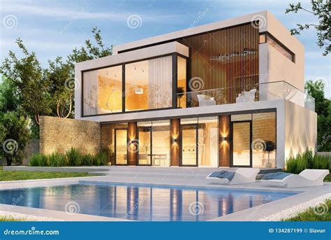 Evening View Of A Modern Large House With Swimming Pool Stock Image