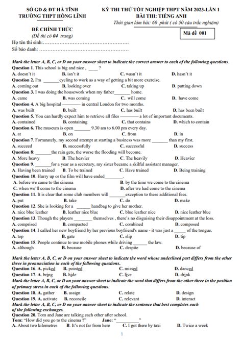 Đề thi thử TN THPT 2023 lần 1 môn Tiếng Anh trường THPT Hồng Lĩnh Hà
