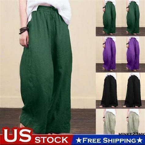 Plus Size Womens Cotton Linen Elastic Waist Wide Leg Pants Ladies Harem Trousers Ebay