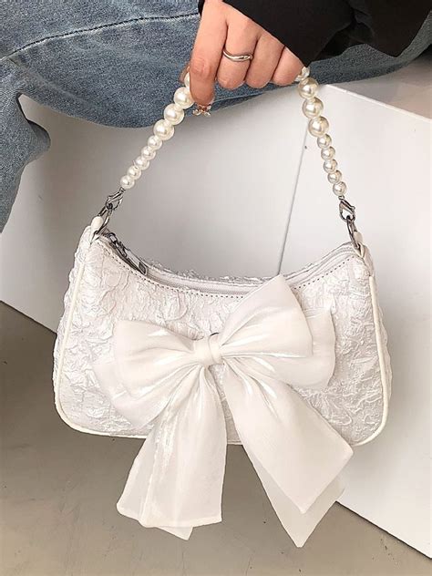 Minimalist Faux Pearl Bow Decor Baguette Bag Women Shoulder Bags