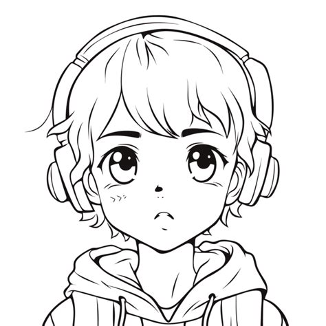 outline sketch  anime boy  headphones   backpack drawing