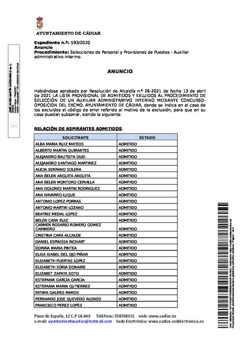 Anuncio Lista Provisional De Admitidos Y Exlu Dos Proceso De Selecci N