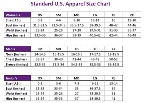 Standard US Apparel Size Chart