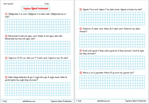 1 Sınıf Toplama İşlemi Problemleri 2 etkinlikhane