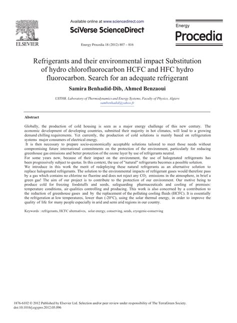 Refrigerants and Their Environmental Impact Substitution of Hydro Chlorofluorocarbon HCFC and ...