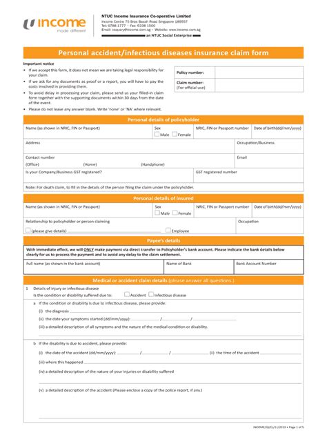 Income Personal Accident Infectious Diseases Insurance Claim Form