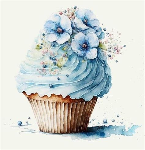 A Painting Of A Cupcake With Blue Frosting And White Flowers On The Top