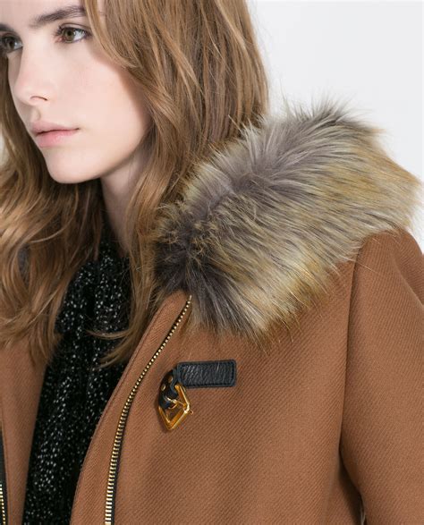 Zara Duffle Coat With Fur Hood In Brown Lyst