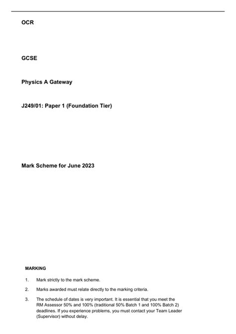 Ocr Gcse Physics A Gateway J Paper Foundation Tier Mark