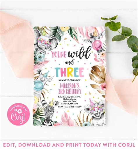 Editable Young Wild and Three Birthday Invitation Safari - Etsy UK
