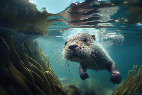 Otter Swimming Underwater, Exploring Hidden World Stock Image - Image of generative, generated ...