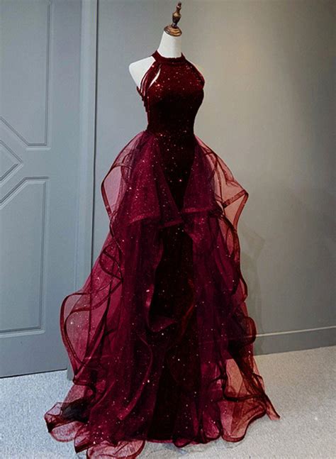 Wine Red Sequins With Tulle Long Party Dress Wine Red Halter Evening