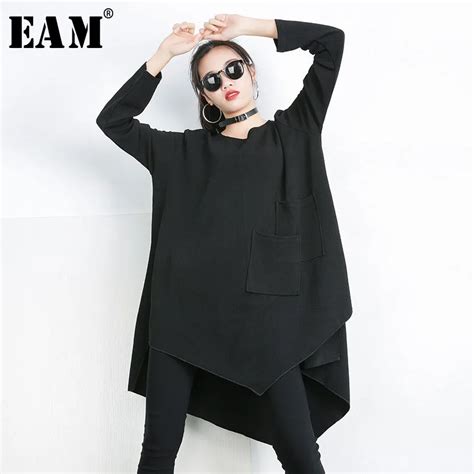 Eam New Spring Summer Black Round Neck Long Sleeve Big Size