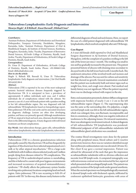 (PDF) Tuberculous Lymphadenitis: Early Diagnosis and Intervention