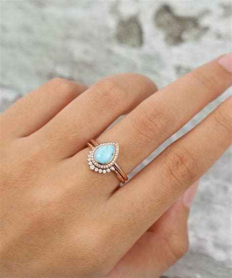 Pear Shaped Turquoise Engagement Ring Set Rose Gold Halo Etsy