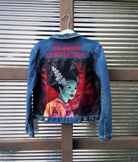 Hand Painted Bride Of Frankenstein Denim Jean Jacket By Bleudoor On