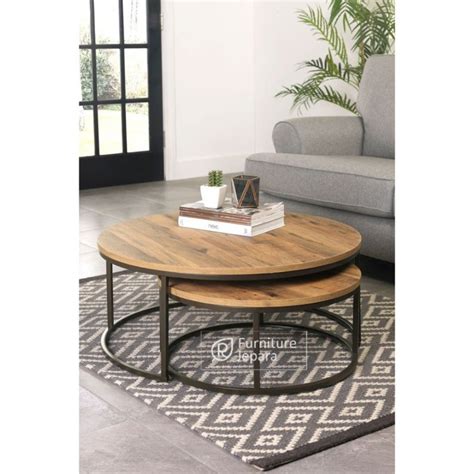 Jual Meja Kopi Kayu Jati Bulat Coffee Table Minimalis Industrial Besi