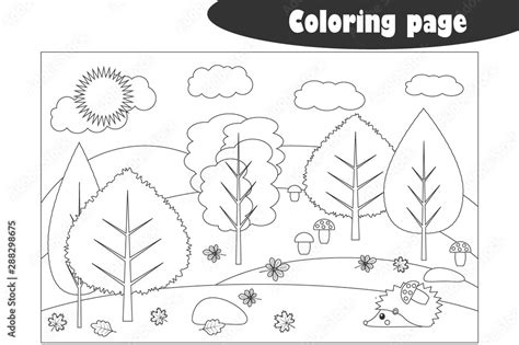 Forest in cartoon style, autumn black white coloring page, education ...