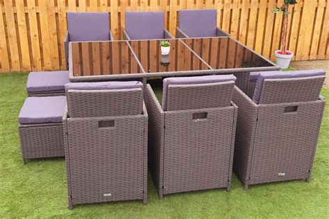 11 Piece Rattan Cube Dining Set In Grey With Grey Cushions — Monahans Fuels And Garden Centre