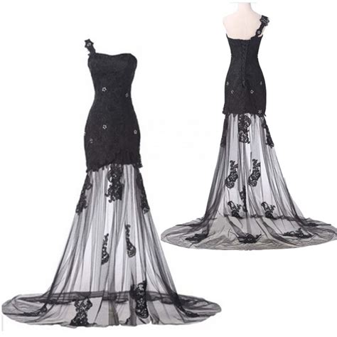 One Shoulder Beaded Black Floor Length Prom Dress With Lace Appliques