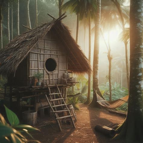 Premium Photo A Rural Scene Of A Bamboo Hut In A Forest With An Old