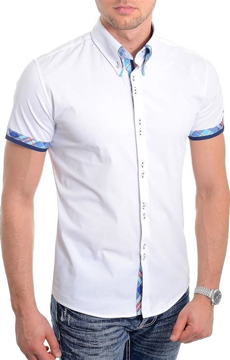 Mens White Short Sleeve Shirt Italian Design Slim Fit Blue Check Cotton New Uk At Amazon Men’s