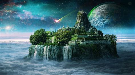 Fantasy art wallpaper, space art, waterfall, island, castle, city, sky ...