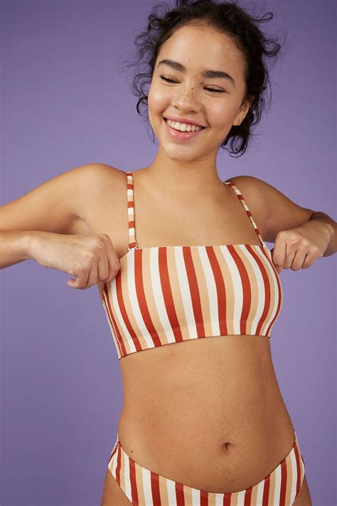 Monki Bandeau Bikini Top In Orange Red And White A Bandeau Bikini Top Featuring A Rubber Stay