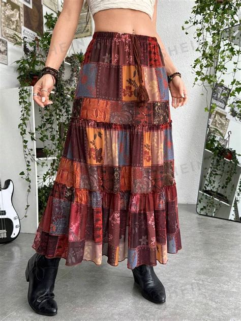 ROMWE PUNK Grunge Patchwork Print Layered Hem Skirt SHEIN USA