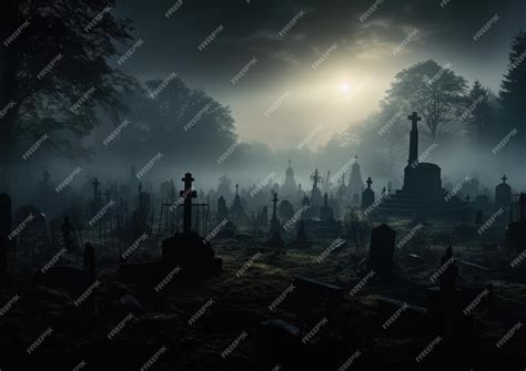 Premium AI Image | Creepy cemetery with fog rolling in