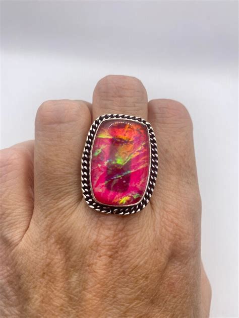 Vintage Aqua Pink Butterfly Wing Art Glass Ring Gem