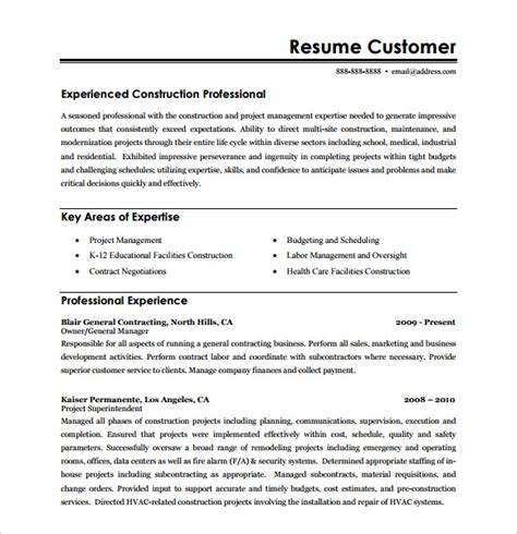 FREE 8+ Sample Construction Resume Templates in PDF | MS Word