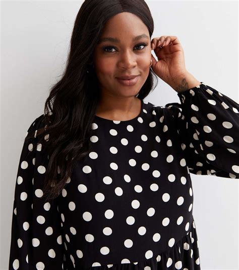 Curves Black Spot Puff Sleeve Mini Smock Dress New Look