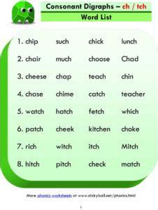 Consonant Digraphs (ch, tch) - Word List and Sentences