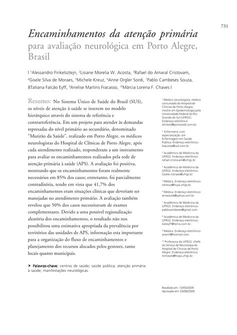 Pdf Encaminhamentos Da Aten O Prim Ria Para Avalia O Neurol Gica Em