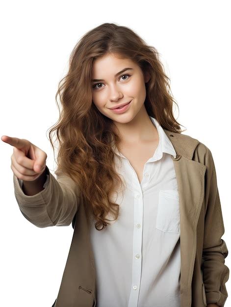 premium photo  woman pointing   left   finger pointing