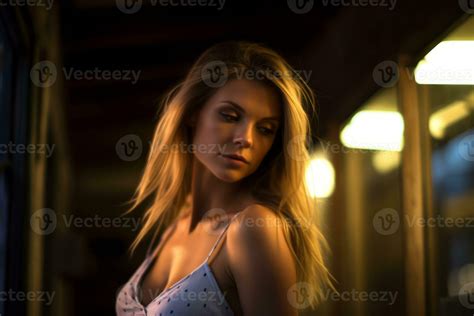 A Beautiful Blonde Woman In A Blue Dress Standing In Front Of A Window Generative AI