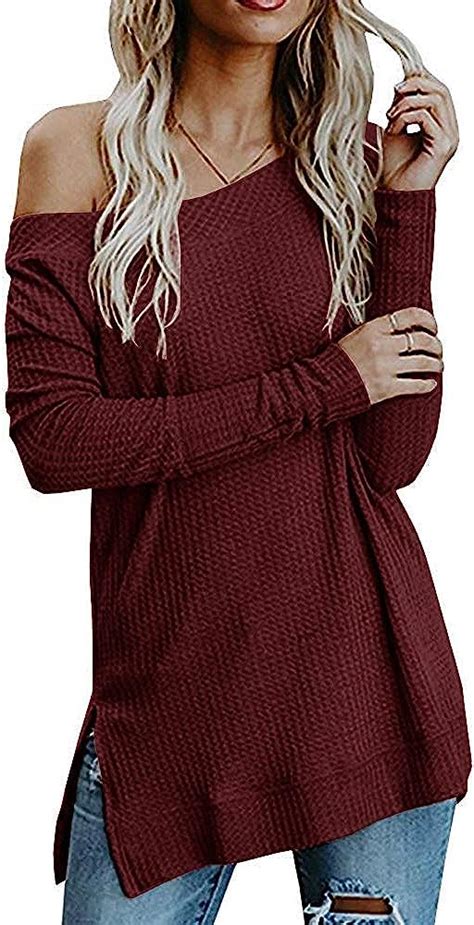 Yexipo Womens Casual Off Shoulder Oversized Tops Long Sleeve Waffle Knit Blouse Loose Pullover