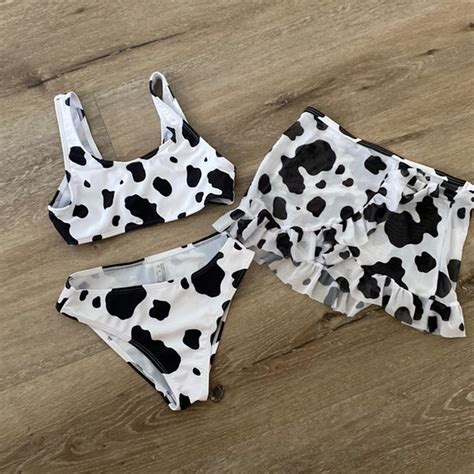 SHEIN Swim Shein Girls Cow Print Bikini With Cover Up Skirt Size Poshmark